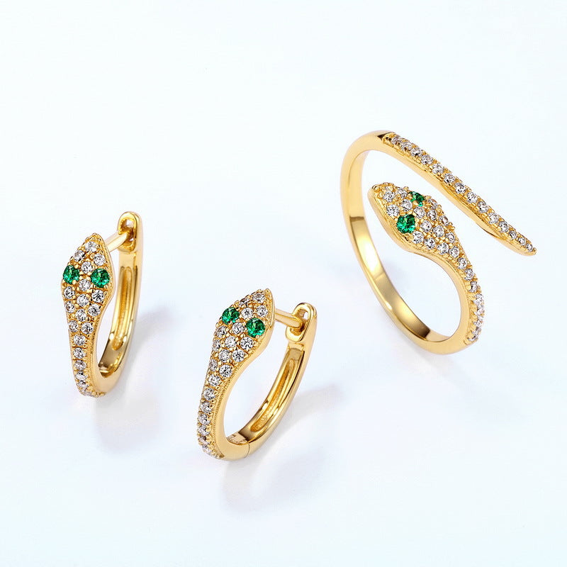 Green Eye Snake Zircon Sterling Silver Hoop Earrings