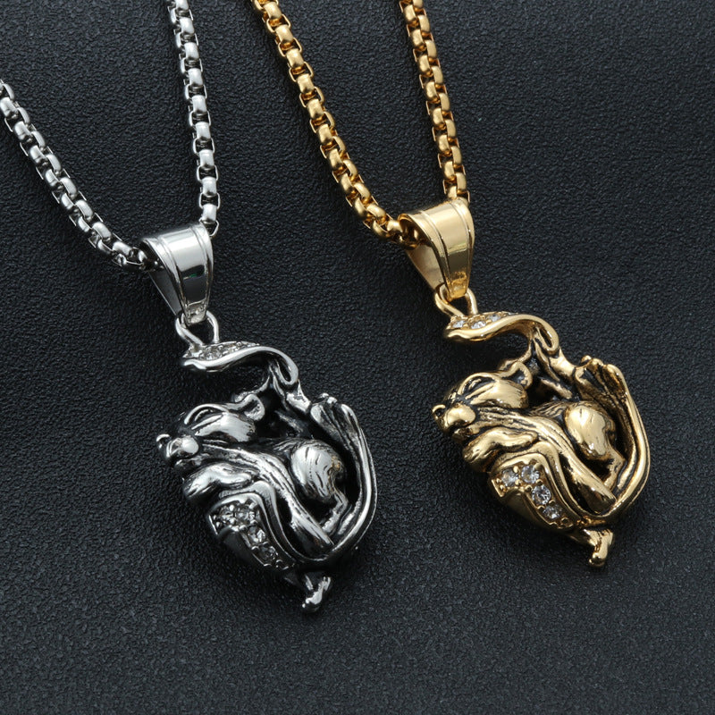 Titanium Steel Tiger Pendant Necklace - Stylish Punk Hip Hop Design for Men with Zircon Accents