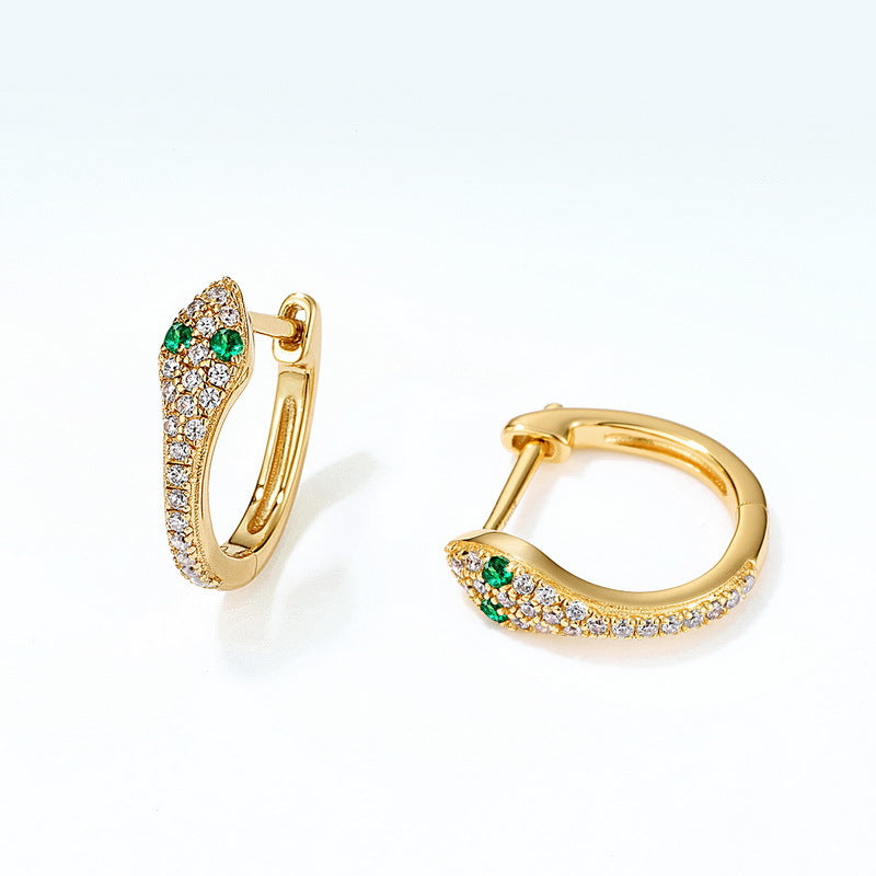 Green Eye Snake Zircon Sterling Silver Hoop Earrings