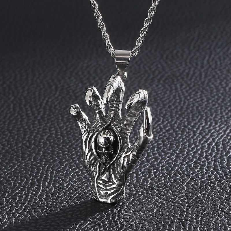 Domineering Devil's Hand Stainless Steel Dragon Claw Skull Pendant - Retro Titanium Steel Jewelry for Men