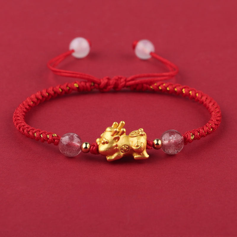 Handcrafted Sterling Silver Pixiu Red Rope Bracelet with Transfer Beads and Birth Year Couple Bracelet