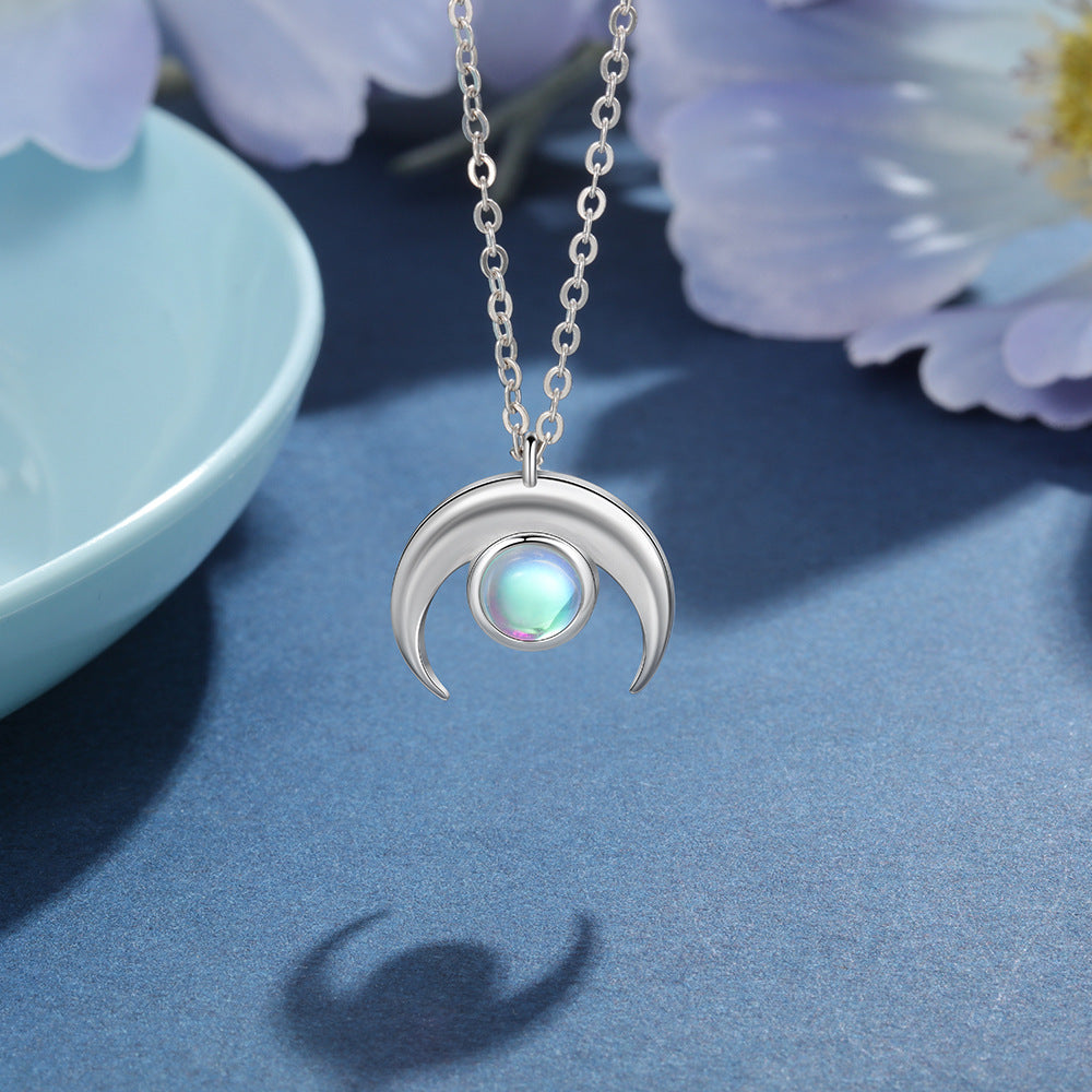 Moon Pendant with Round Moon Stone Sterling Silver Necklace