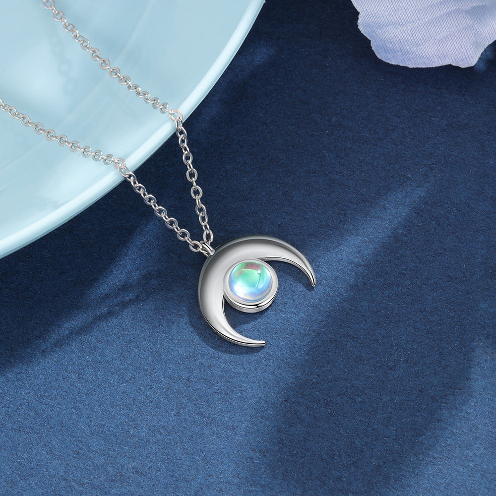 Moon Pendant with Round Moon Stone Sterling Silver Necklace