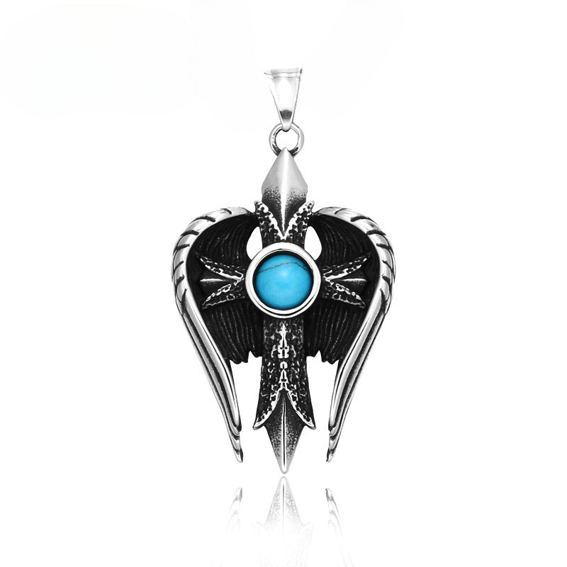 Vintage-Inspired Titanium Steel Angel Wings Pendant with Turquoise Cross for Men