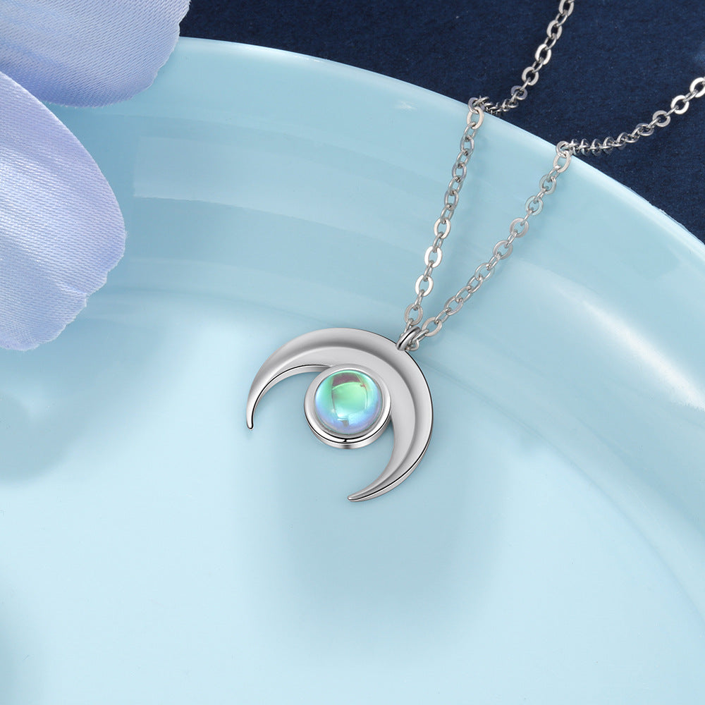 Moon Pendant with Round Moon Stone Sterling Silver Necklace