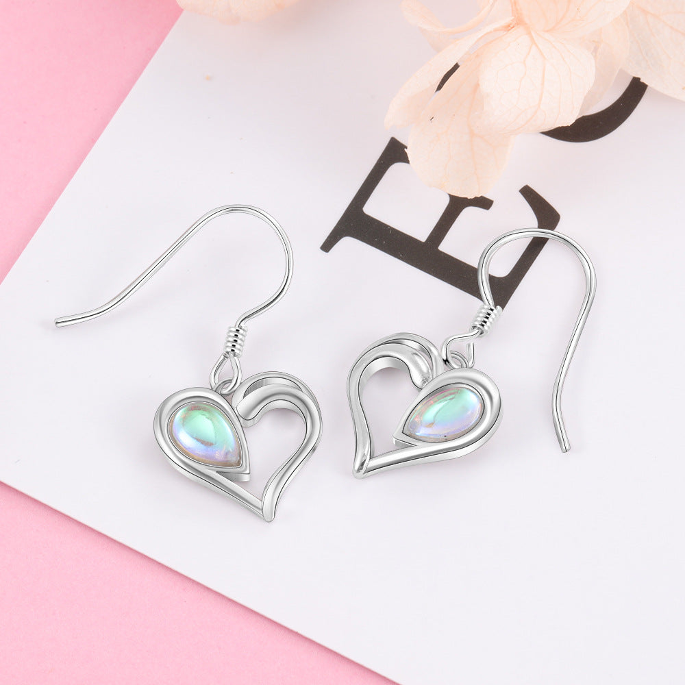 Hollow Heart Pendant Pear Shape Moon Stone Sterling Silver Hook Earrings