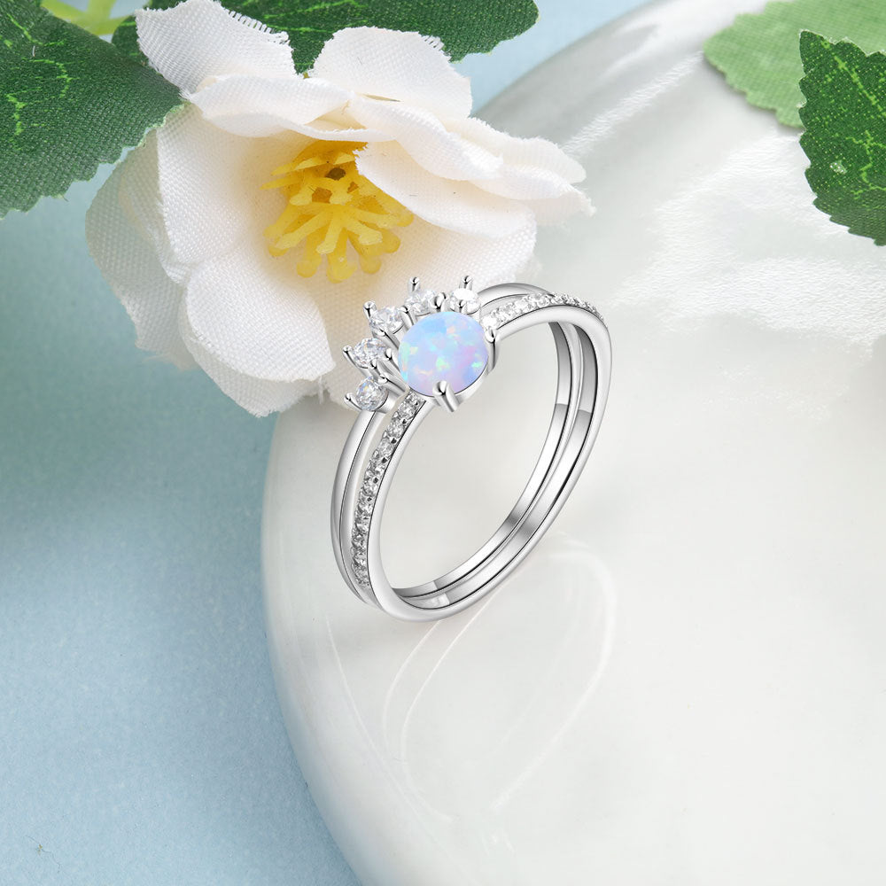 Round Opal Zircon Sterling Silver Ring Set