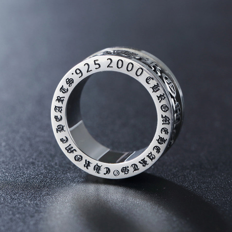 Relief Gothic Text Grooved Turnable Titanium Steel Ring for Men