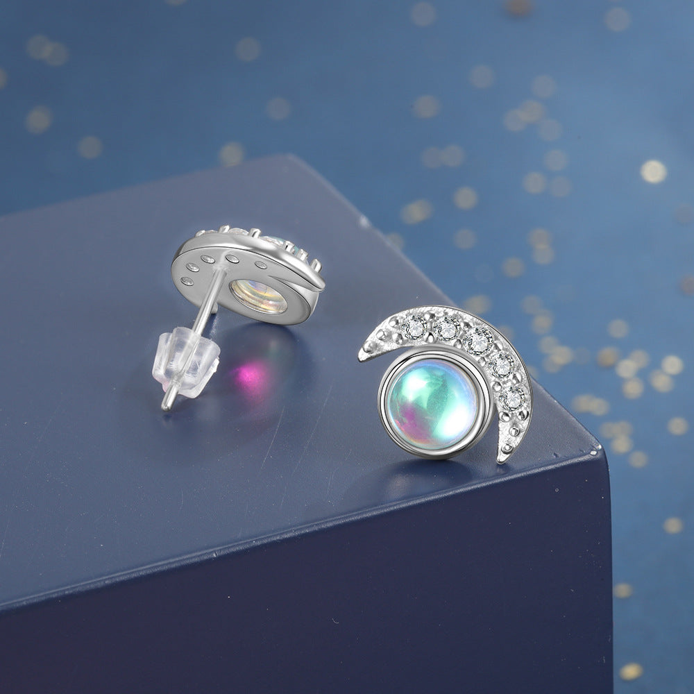 Zircon Moon with Round Moon Stone Sterling Silver Stud Earrings