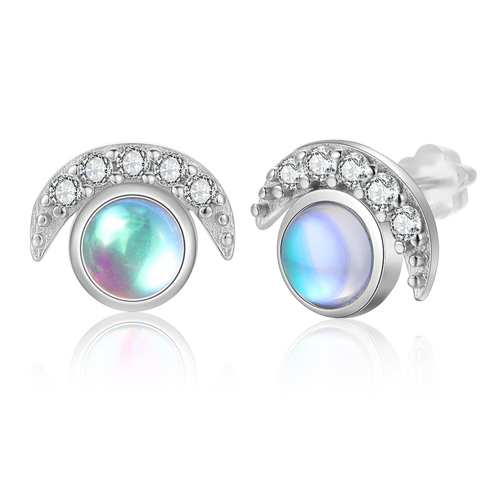 Zircon Moon with Round Moon Stone Sterling Silver Stud Earrings