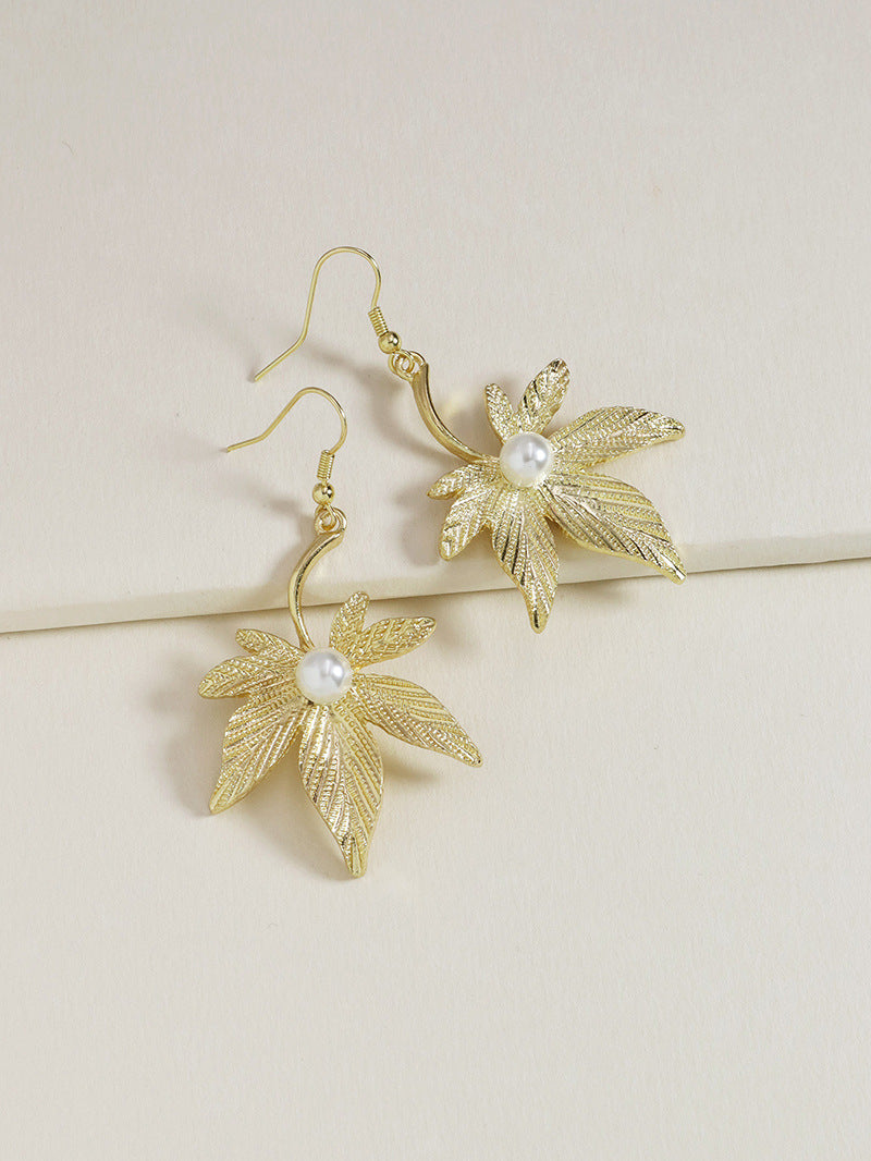 European inspired Metal Leaf Pearl Earrings - Trendy Alloy Jewelry for Fashionistas