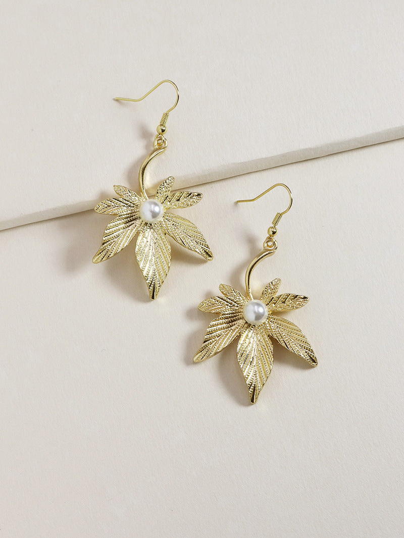 European inspired Metal Leaf Pearl Earrings - Trendy Alloy Jewelry for Fashionistas