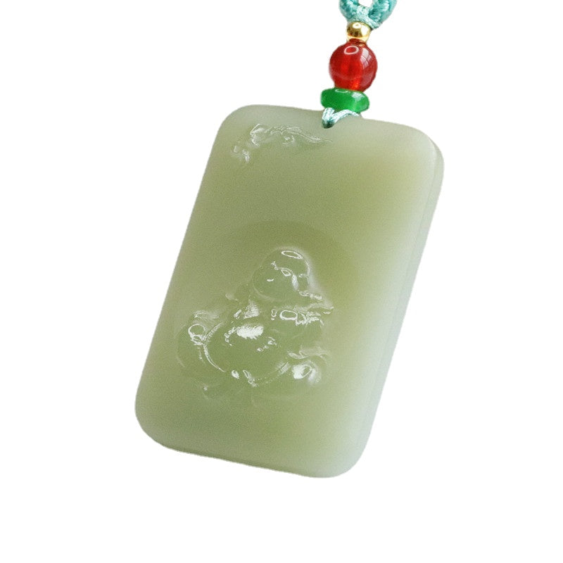 Buddha Carving Hetian Jade Pendant with Sterling Silver Details