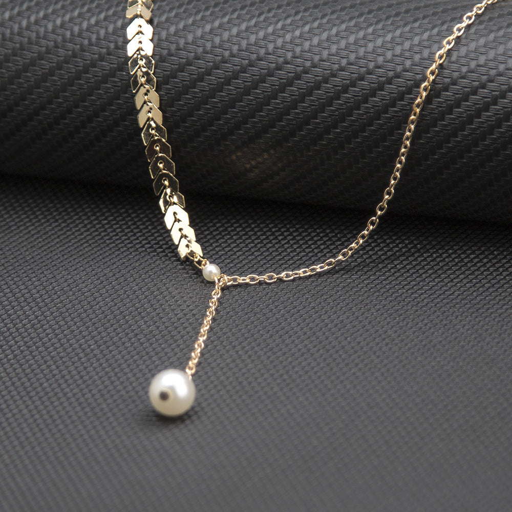 Fishbone Chain Dumbbell Necklace with Pearl Pendant