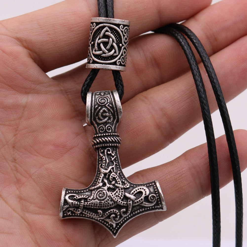 Viking Thor Hammer Metal Necklace with Rune Beads - Norse Legacy Collection - Men's Nordic Mythology Accessory