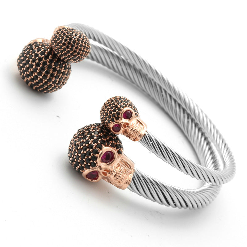 Punk-Inspired Titanium Steel Skull Bracelet with Copper Ghost Head and Zircon Accents for Men