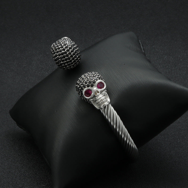 Punk-Inspired Titanium Steel Skull Bracelet with Copper Ghost Head and Zircon Accents for Men