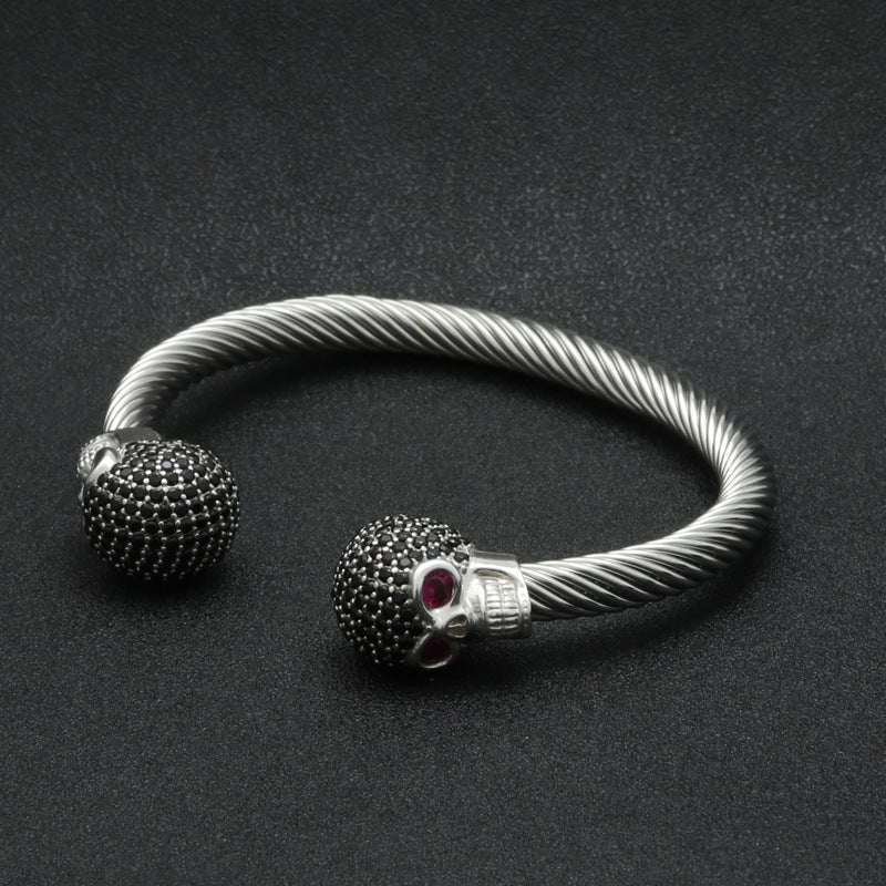 Punk-Inspired Titanium Steel Skull Bracelet with Copper Ghost Head and Zircon Accents for Men