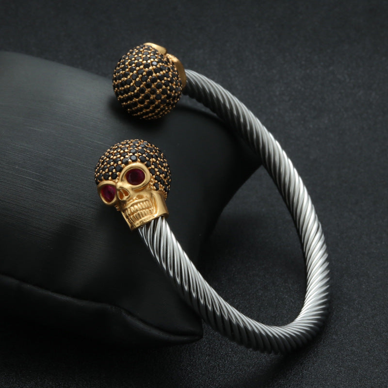 Punk-Inspired Titanium Steel Skull Bracelet with Copper Ghost Head and Zircon Accents for Men