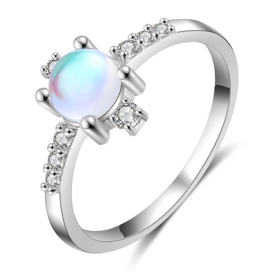 Round Moon Stone Zircon Sterling Silver Ring