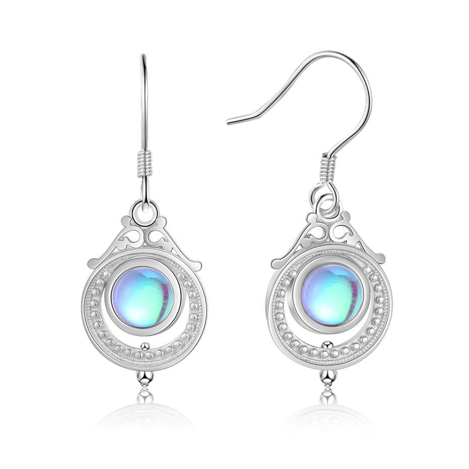 Court Style Circle Pendant Round Moon Stone Sterling Silver Hook Earrings