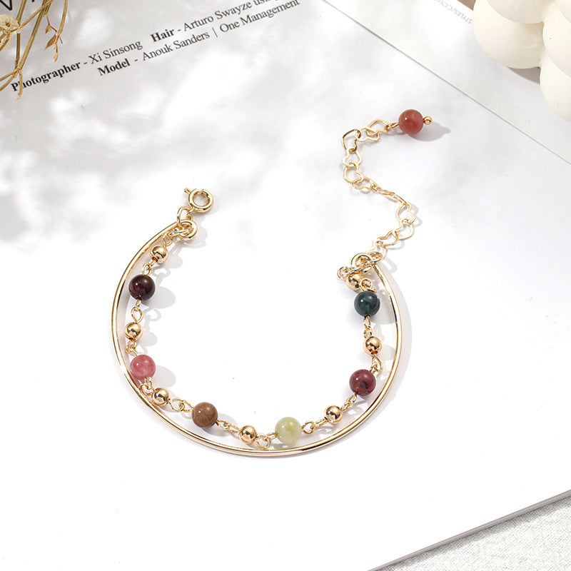 Colorful Tourmaline and Pearl Double Layered Bracelet for Women