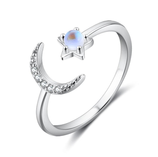 Zircon Moon and Round Moon Stone Star Opening Sterling Silver Ring