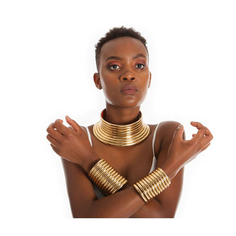 Exotic Tribal Jewelry Collection: Savanna Rhythms Alloy Necklace Set with Choker, Rings, and Bracelet