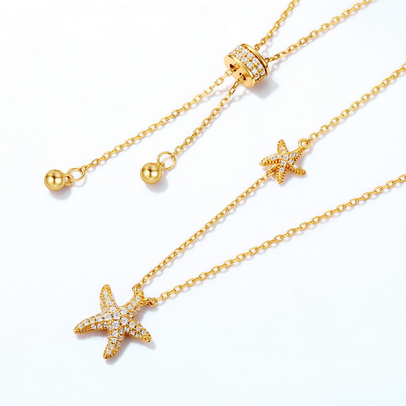 Double Zircon Starfish Adjustable Sterling Silver Necklace