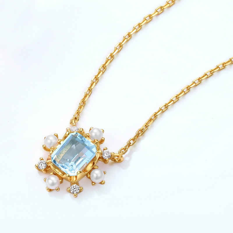 Vintage Pearl Zircon Snowflake with Rectangle Sky Blue Topaz Sterling Silver Necklace