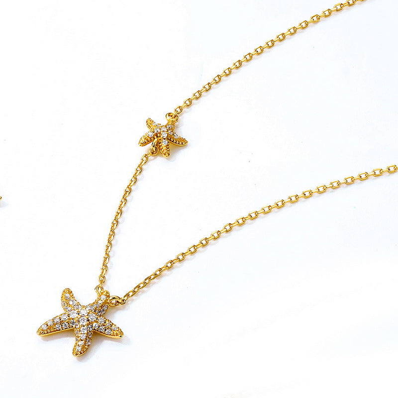 Double Zircon Starfish Adjustable Sterling Silver Necklace