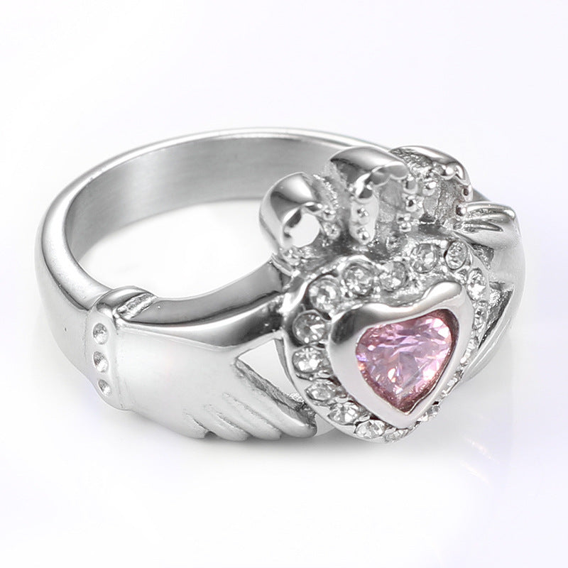 Stylish Pink Zircon Crown Ring in Titanium Steel - Personalized Stainless Steel Jewelry for Women