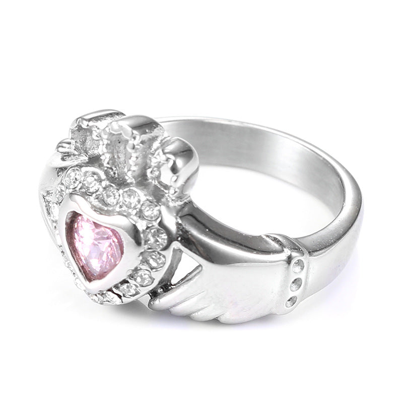 Stylish Pink Zircon Crown Ring in Titanium Steel - Personalized Stainless Steel Jewelry for Women