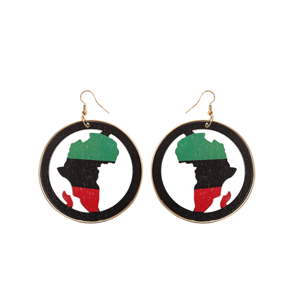 African Map Hollow Wooden Earrings with Metal Needles, Exaggerated Hip-hop Nightclub Style