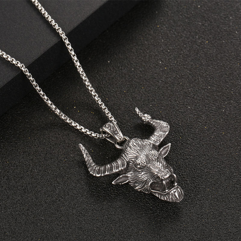 Urban Hip-Hop Men's Titanium Steel Necklace with Custom Bull Horn Pendant