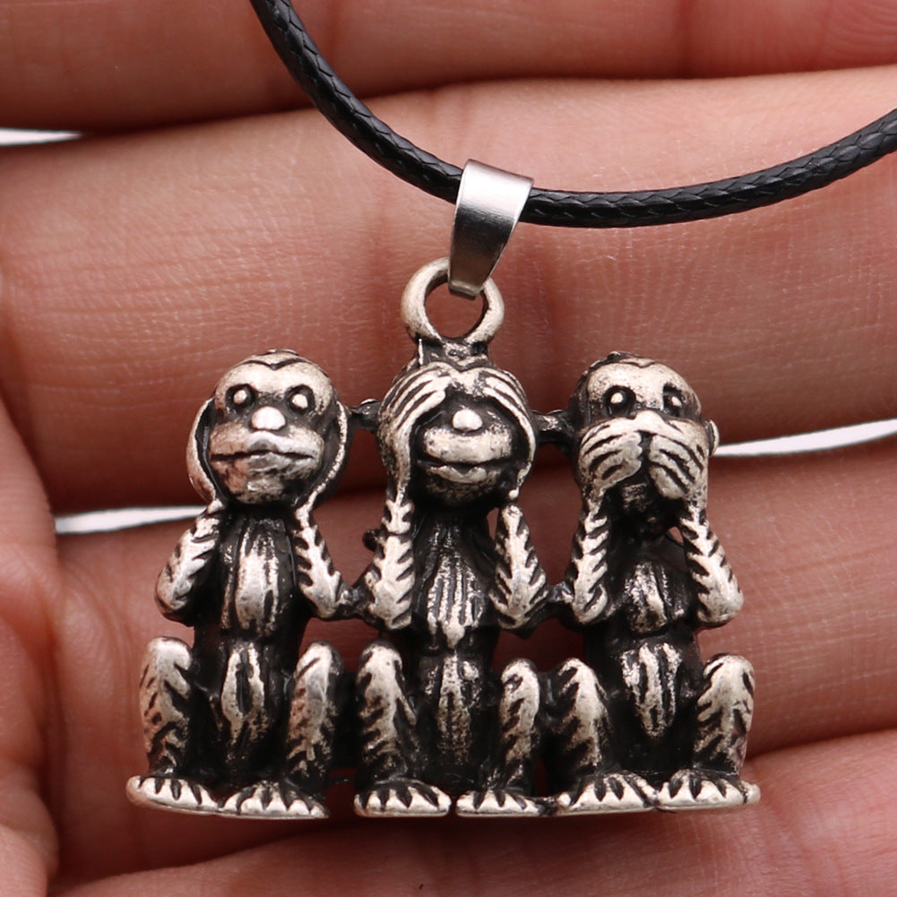 Monkey Wukong Trio Retro Metal Necklace from Planderful's Norse Legacy