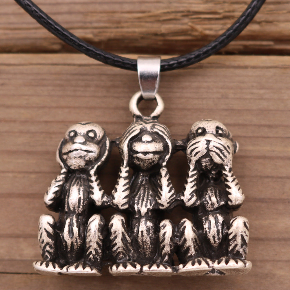 Monkey Wukong Trio Retro Metal Necklace from Planderful's Norse Legacy