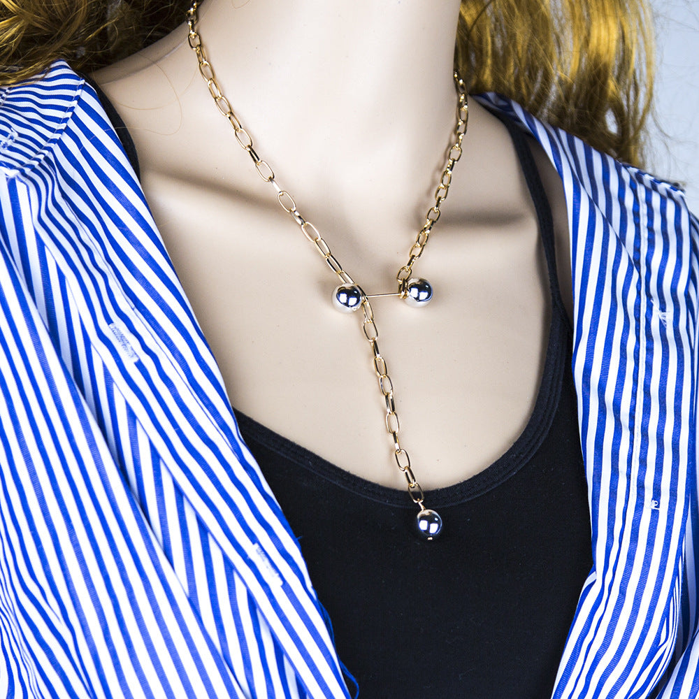 Fishbone Chain Dumbbell Necklace with Pearl Pendant