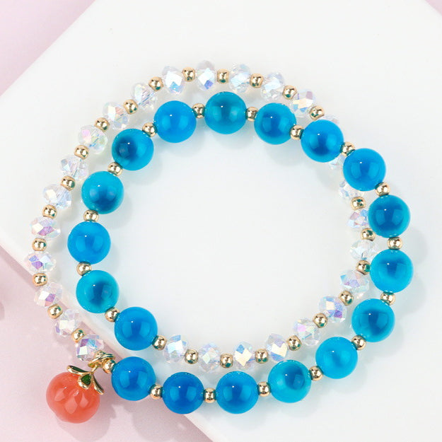 Exquisite Double Blue Crystal and Peach Agate Bracelet with Sterling Silver Beads