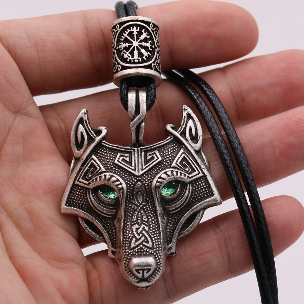 Viking Wolf Head Necklace with Green Eye - Norse Legacy Collection