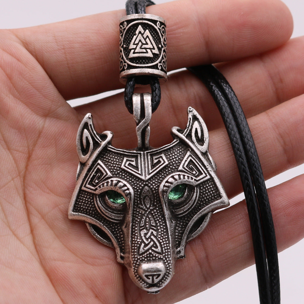 Viking Wolf Head Necklace with Green Eye - Norse Legacy Collection