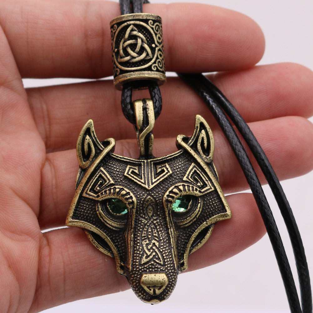 Viking Wolf Head Necklace with Green Eye - Norse Legacy Collection