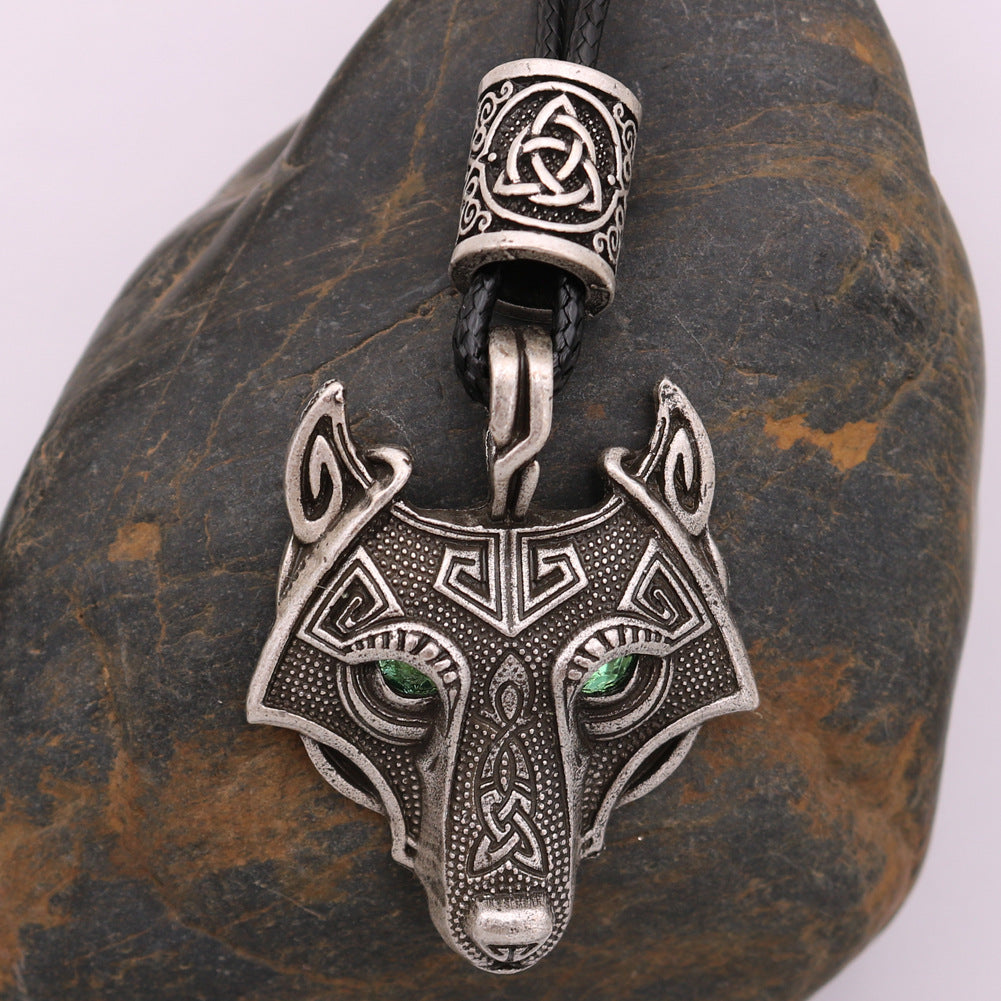 Viking Wolf Head Necklace with Green Eye - Norse Legacy Collection