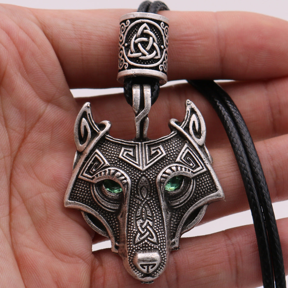 Viking Wolf Head Necklace with Green Eye - Norse Legacy Collection