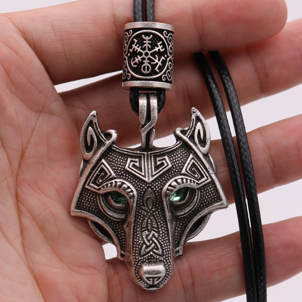 Viking Wolf Head Necklace with Green Eye - Norse Legacy Collection