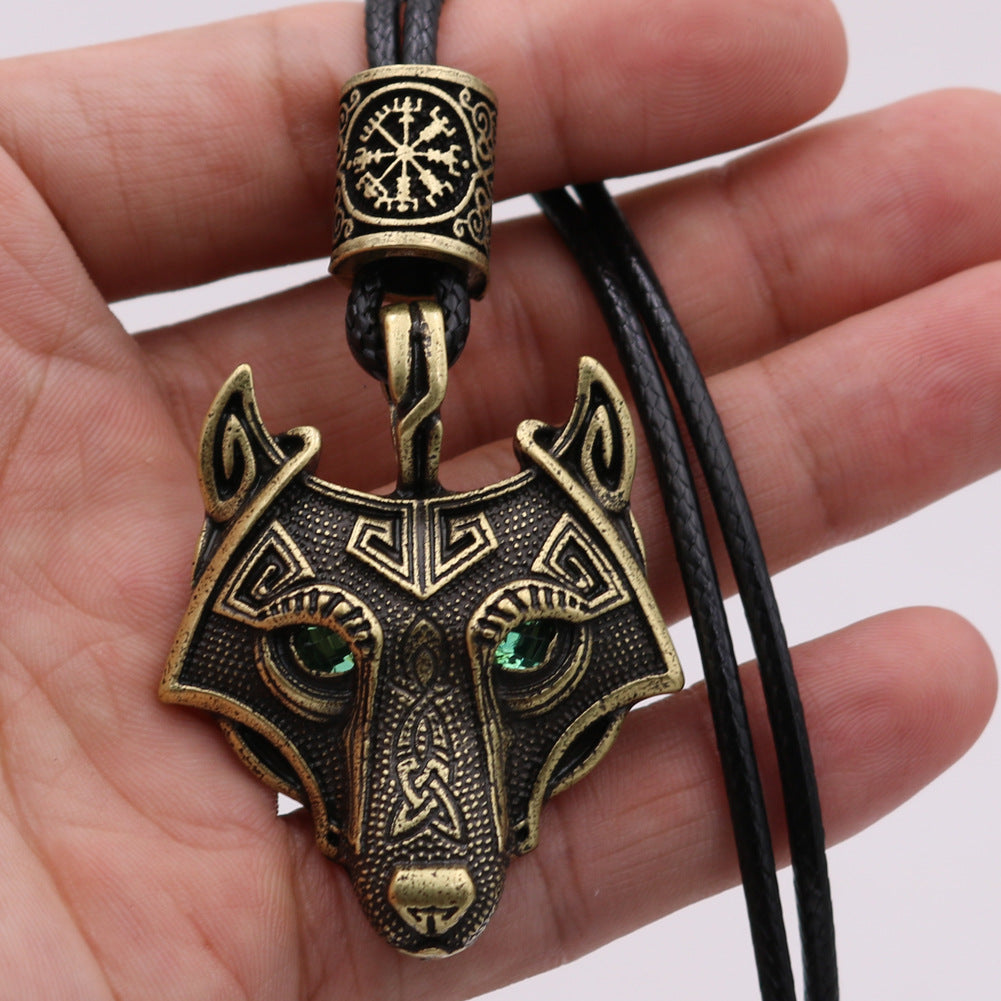 Viking Wolf Head Necklace with Green Eye - Norse Legacy Collection