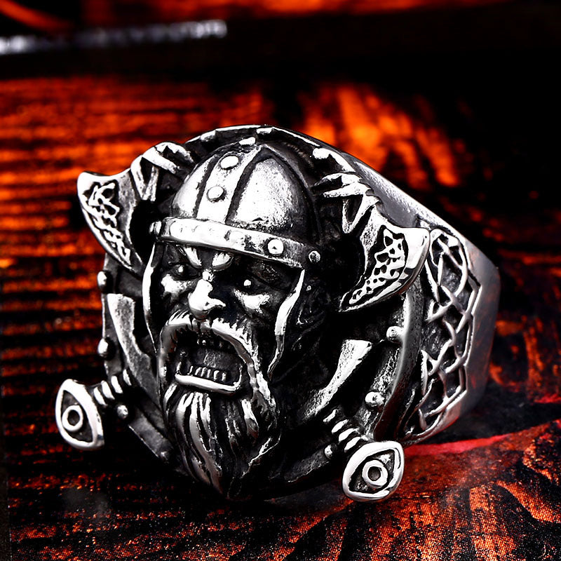 Viking Warrior Double Axe Ring for Men - Retro Stainless Steel Design, Bold Bearded Style