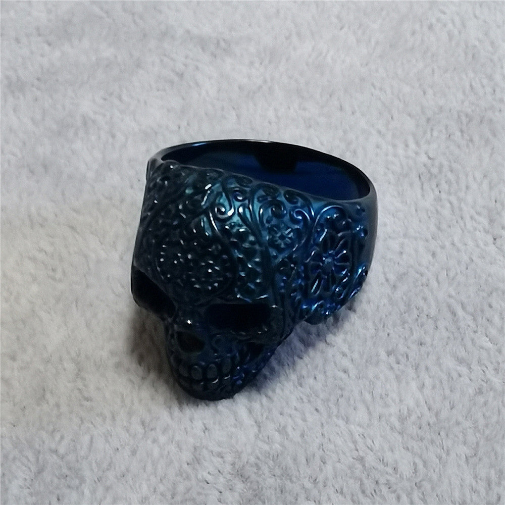 Mexican Style Carved Skull Head Titanium Steel Ring for Men