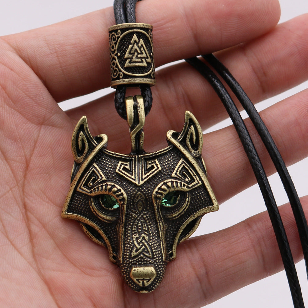 Viking Wolf Head Necklace with Green Eye - Norse Legacy Collection