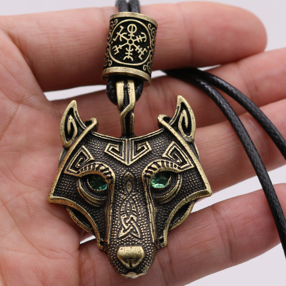 Viking Wolf Head Necklace with Green Eye - Norse Legacy Collection